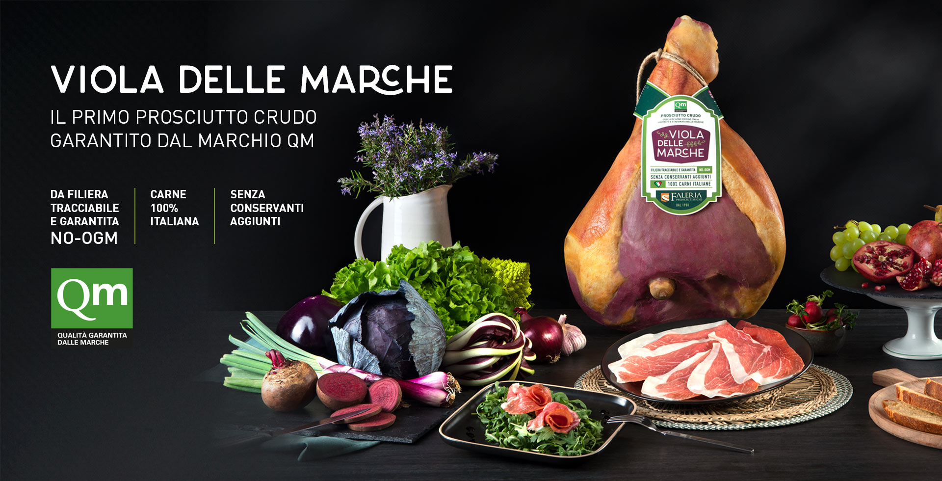 prosciutto crudo Viola delle Marche del Prosciuttificio Faleria: da filiera tracciabile e garantita no-OGM, carni italiane, senza conservanti