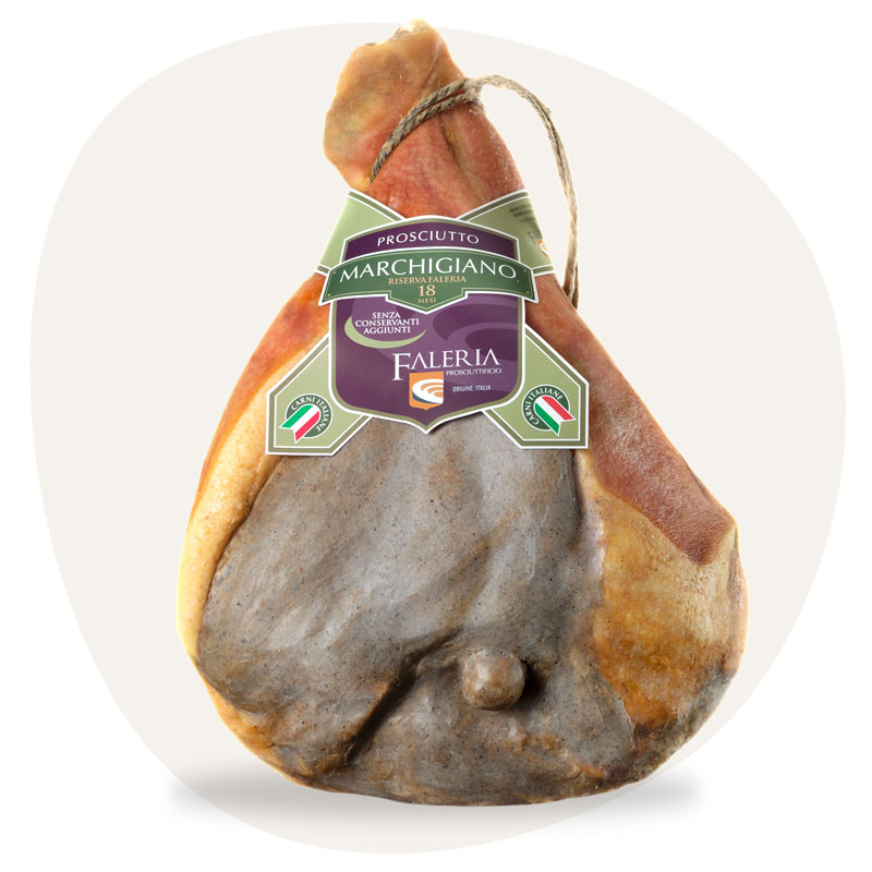 prosciutto crudo marchigiano riserva stagionato 18 mesi con osso prosciuttificio faleria