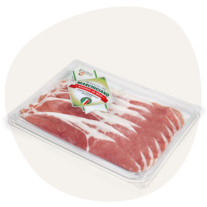 prosciutto crudo marchigiano riserva stagionato 20 mesi affettato in vaschetta prosciuttificio faleria